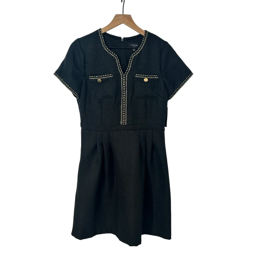 Tahari ASL Black Tweed Gold Detail Size 8 Dress Quiet Luxury Parisian Chic NWT - Picture 2 of 8